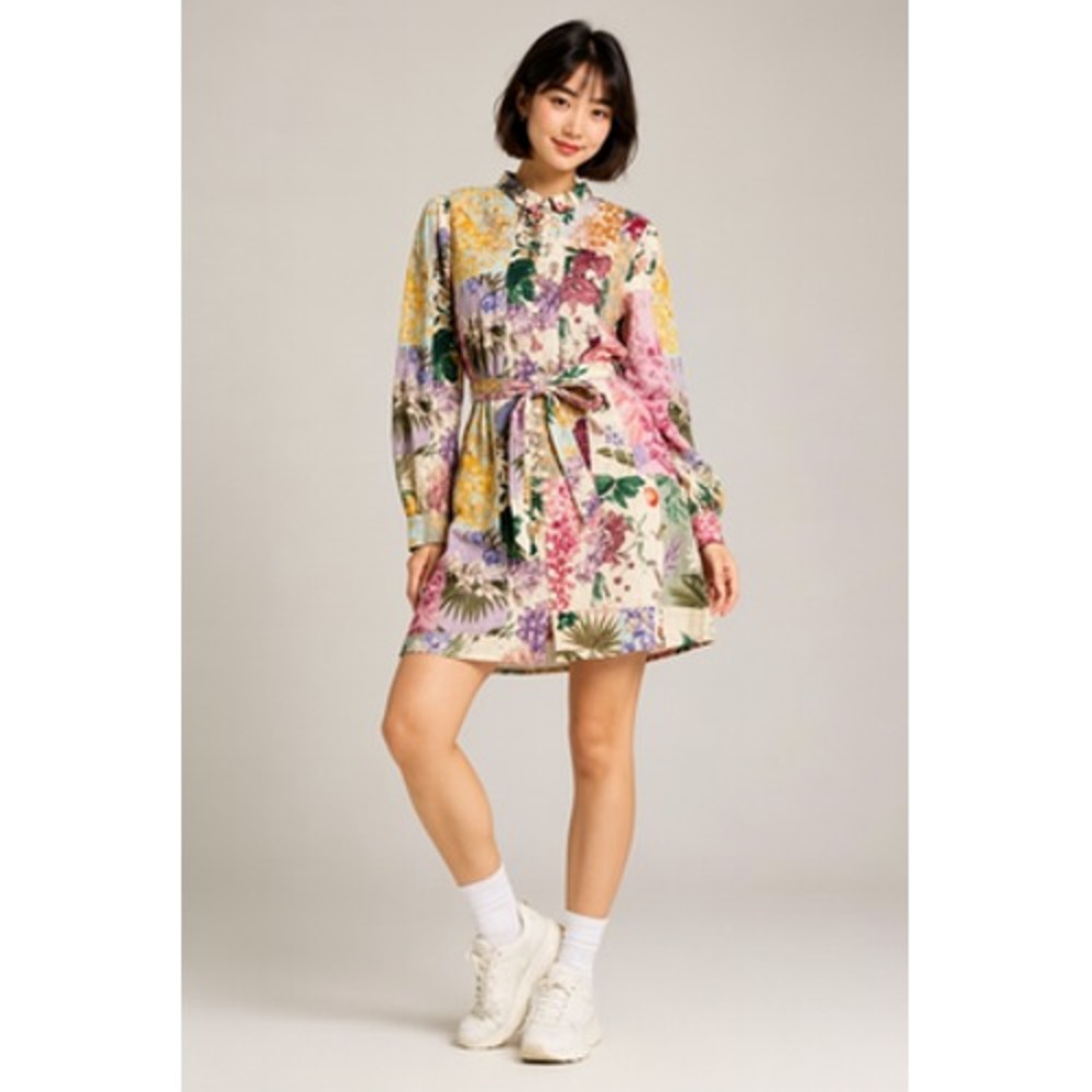 Zara Floral Patchwork Print Tie-Front Blouse Long Sleeve Button Up Linen Blend M